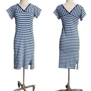 70s Vintage T-Shirt Dress Stripe V-neck Short Sleeve Midi Casual Shirt Navy.